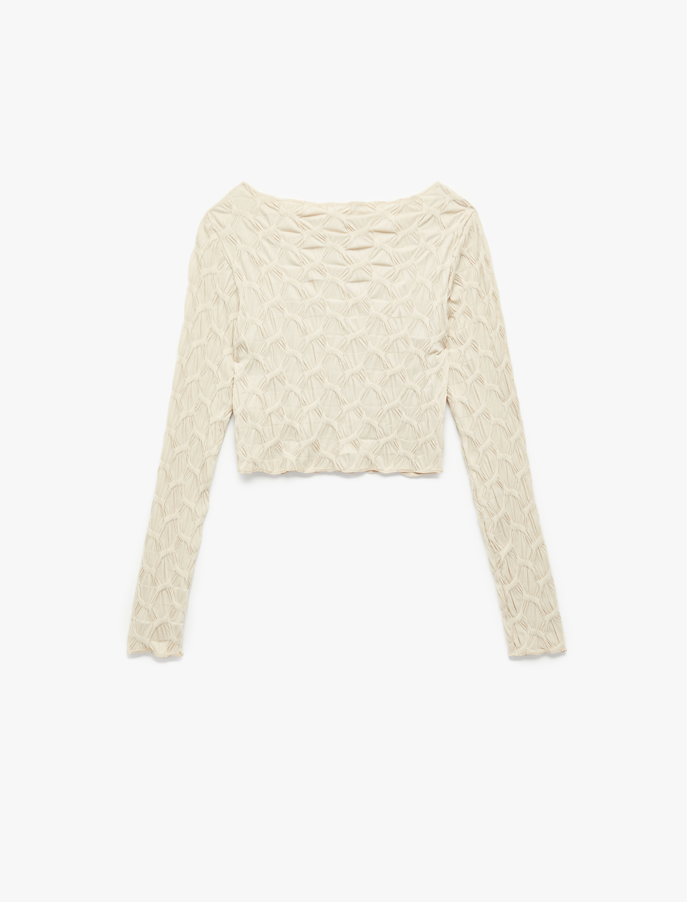   Uzun Kollu Dokulu Kayık Yaka Slim Fit Crop Tişört