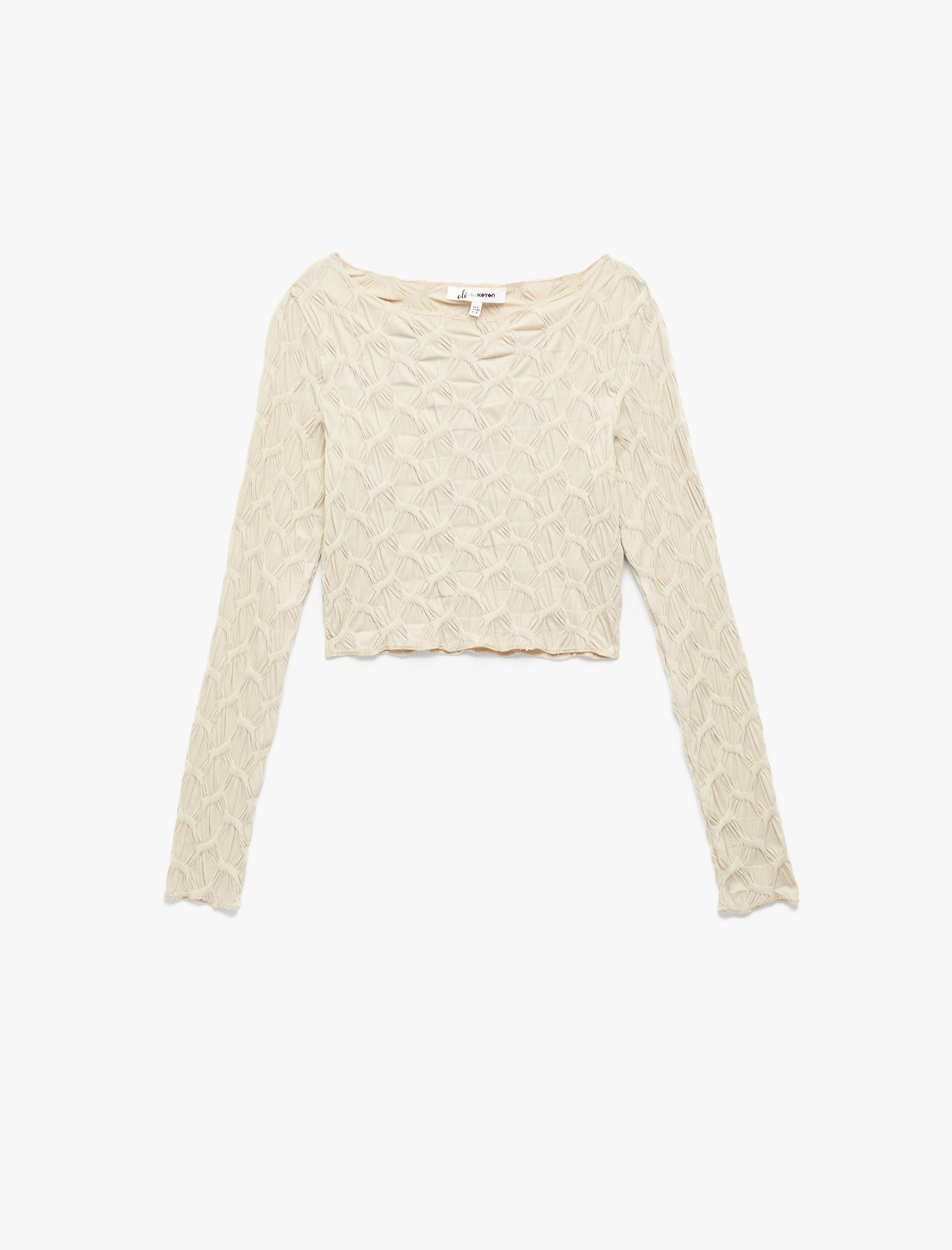   Uzun Kollu Dokulu Kayık Yaka Slim Fit Crop Tişört