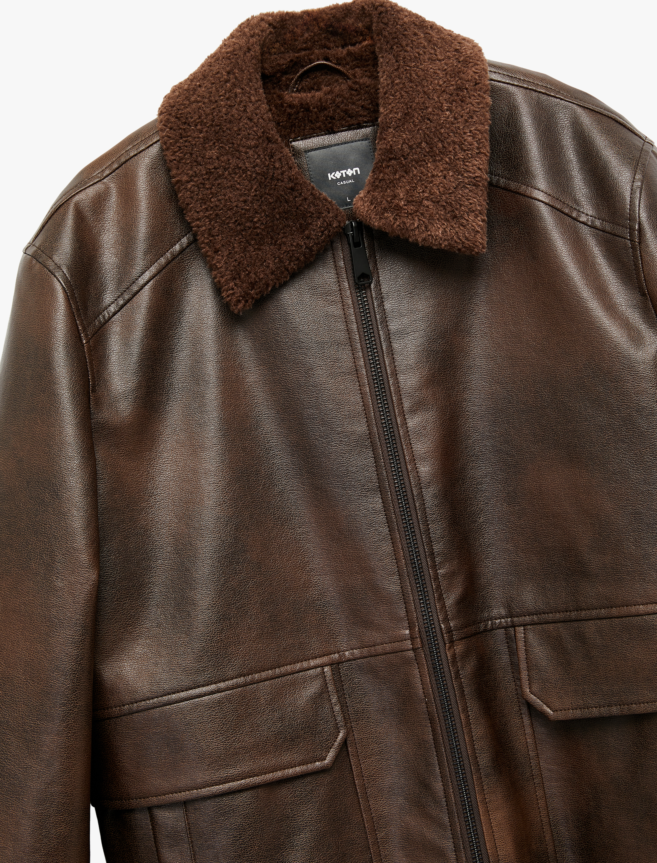 Uzun Kollu Cep Detaylı Slim Fit Fermuarlı Peluş Yaka Kışlık Suni Deri Ceket