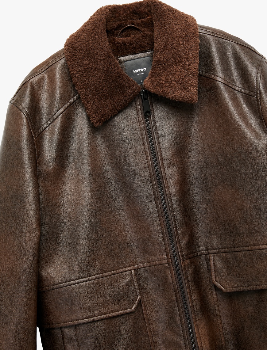   Uzun Kollu Cep Detaylı Slim Fit Fermuarlı Peluş Yaka Suni Deri Ceket