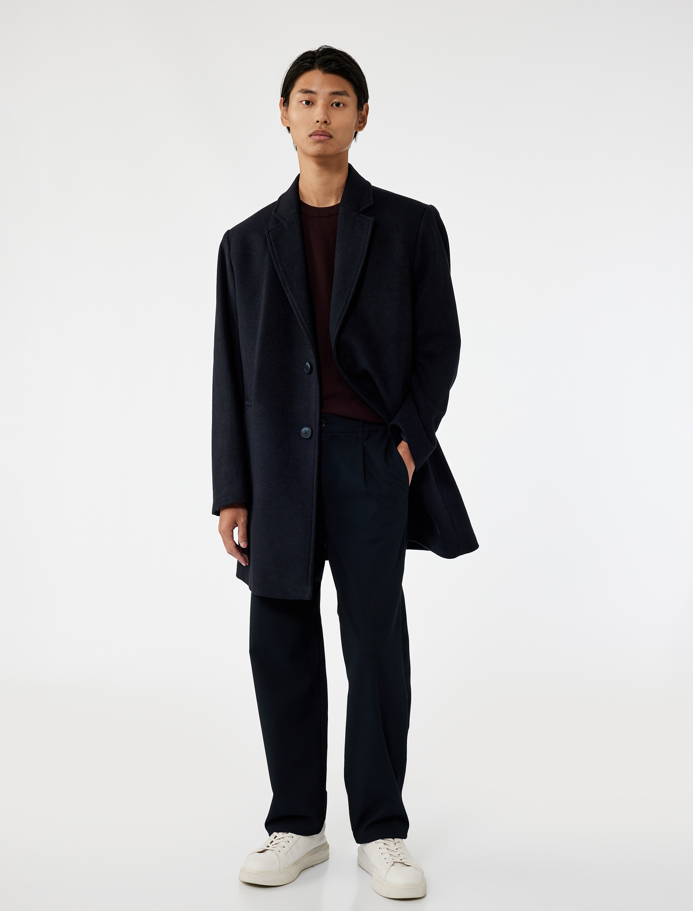   Cep Detaylı Uzun Kollu Düğmeli Dar Kalıp Kruvaze Yaka Kaşe Kaban