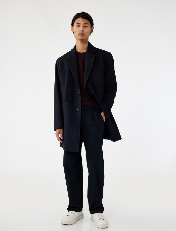  Cep Detaylı Uzun Kollu Düğmeli Dar Kalıp Kruvaze Yaka Kaşe Kaban