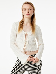 Slim Fit Bürümcük Uzun Kollu V Yaka Bağlama Detaylı Bluz