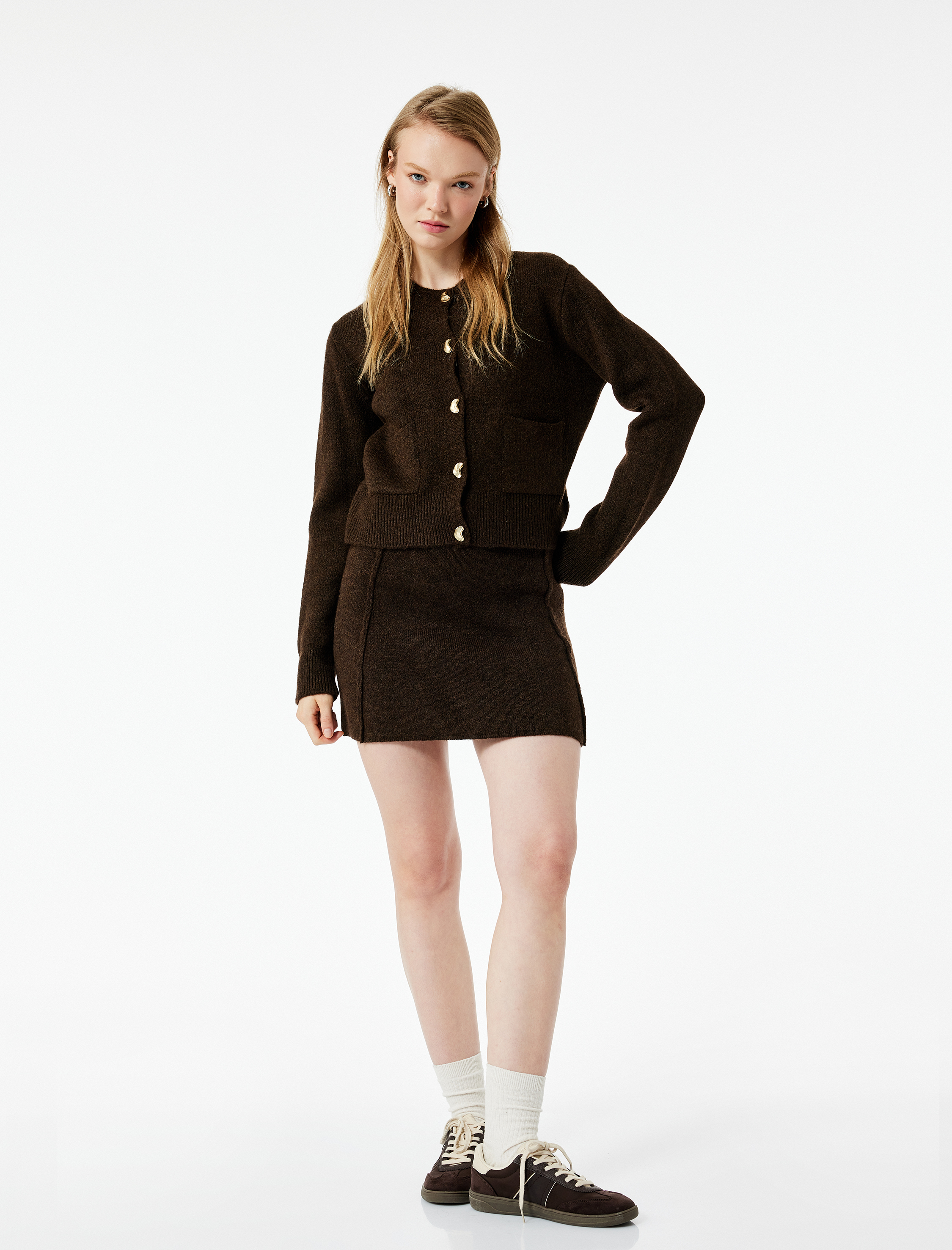   Dikiş Detaylı Mini Triko Etek