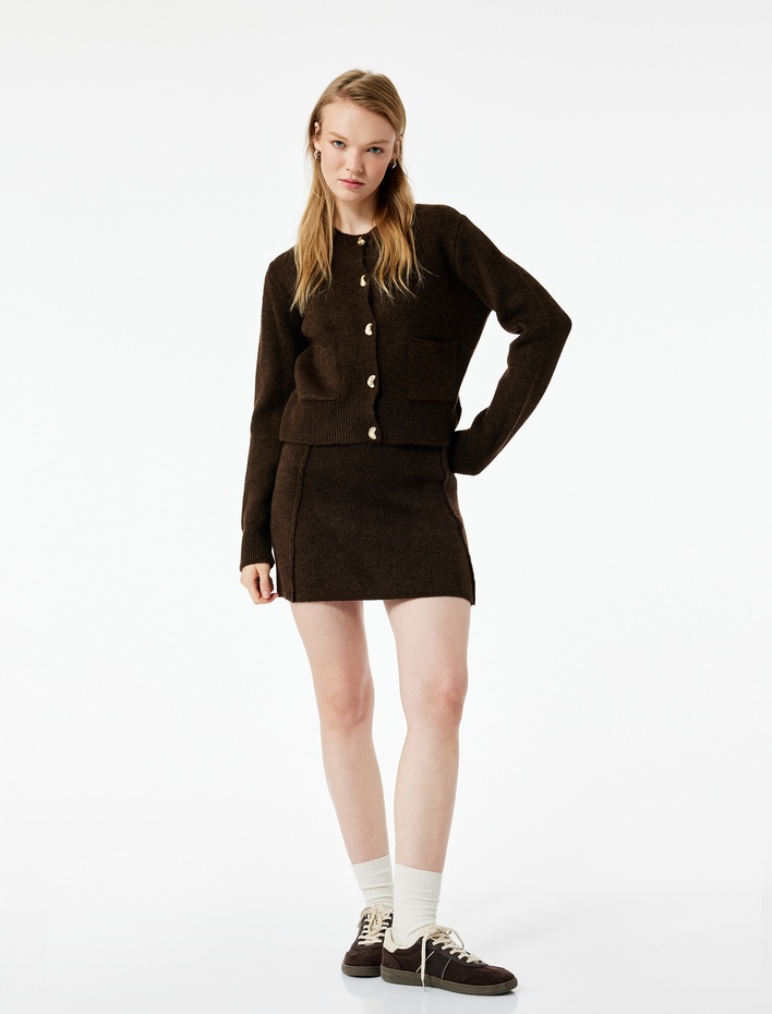  Dikiş Detaylı Mini Triko Etek