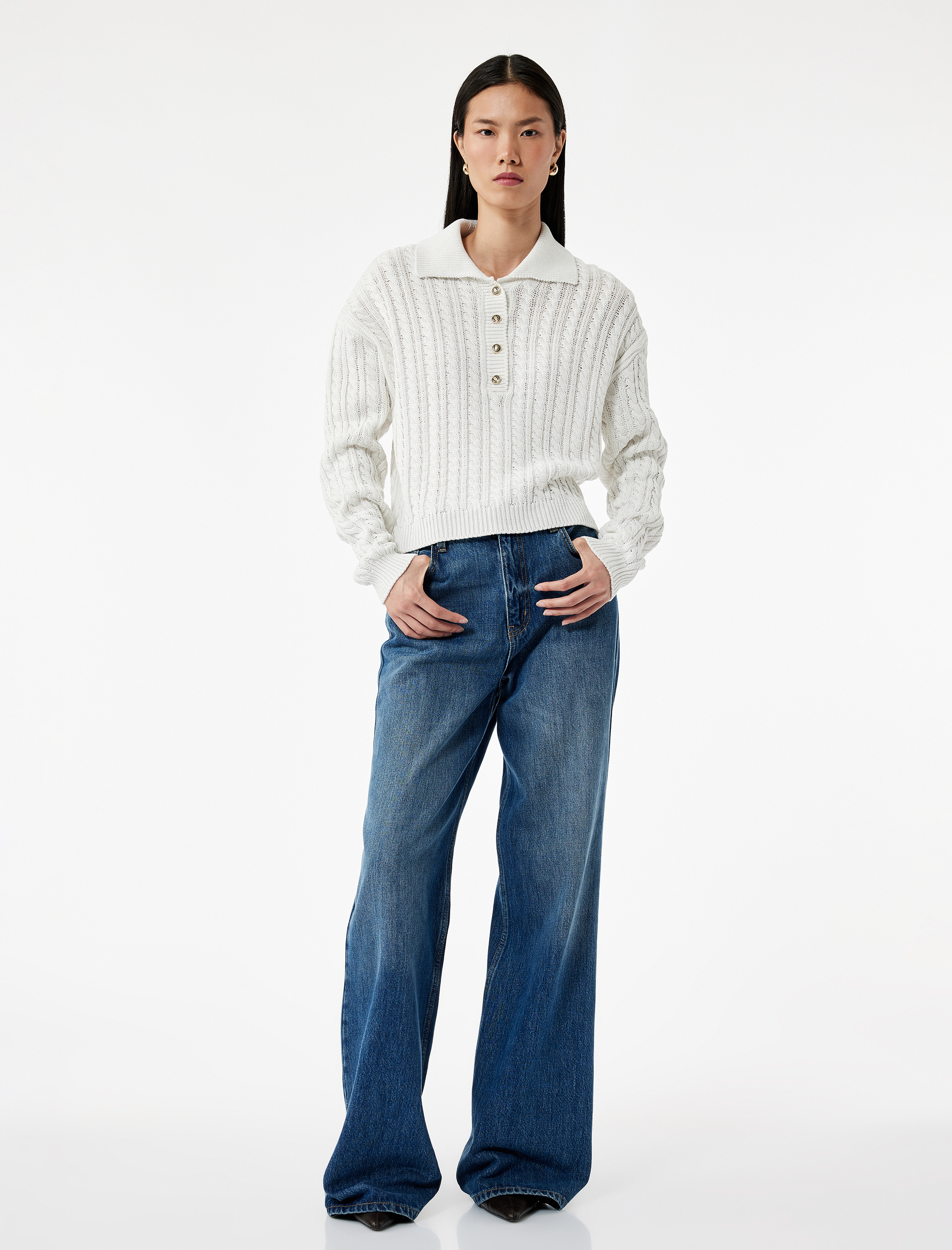   Regular Fit Uzun Kollu Düğmeli Saç Örgü Polo Yaka Kazak