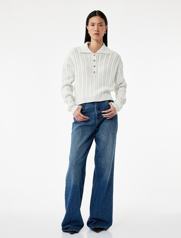  Regular Fit Uzun Kollu Düğmeli Saç Örgü Polo Yaka Kazak