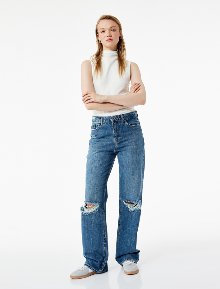  Yıpratılmış Pamuklu Düz Paça Straight Fit Jean Pantolon  - Straight Jeans