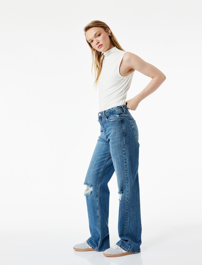  Yıpratılmış Pamuklu Düz Paça Straight Fit Jean Pantolon  - Straight Jeans