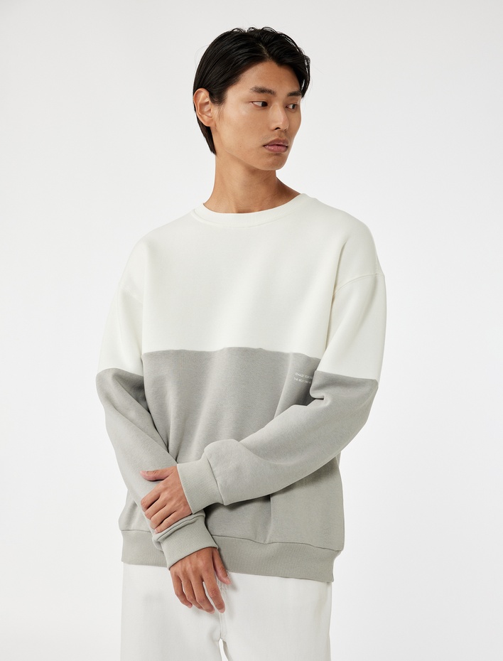  Oversize Uzun Kollu Renk Bloklu Baskı Detaylı Şardonlu Bisiklet Yaka Sweatshirt