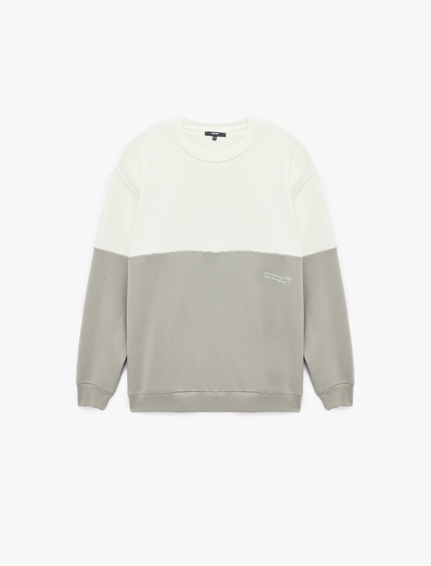   Oversize Uzun Kollu Renk Bloklu Baskı Detaylı Şardonlu Bisiklet Yaka Sweatshirt