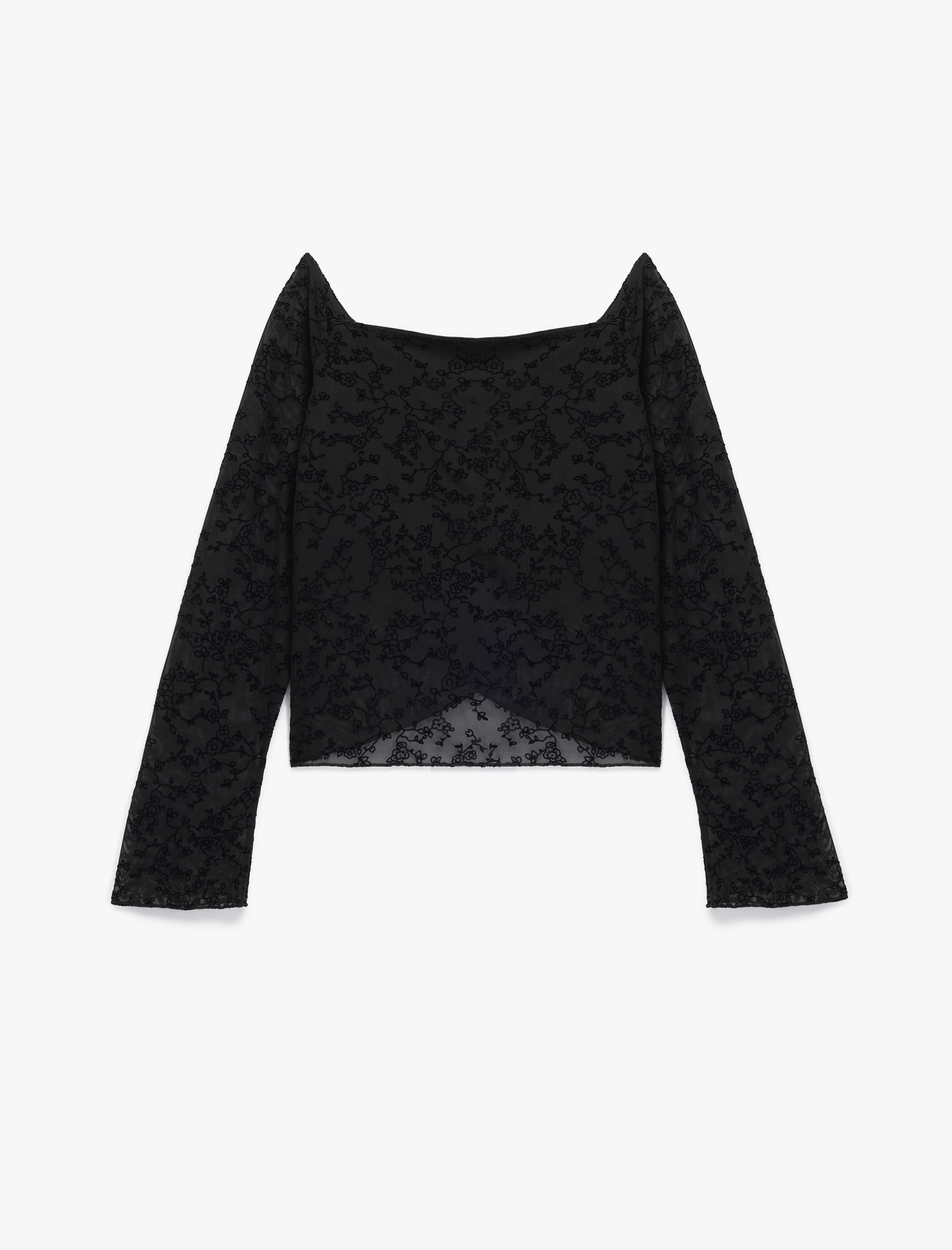   Kare Yaka Uzun Kollu Dantel Detaylı Slim Fit Tişört