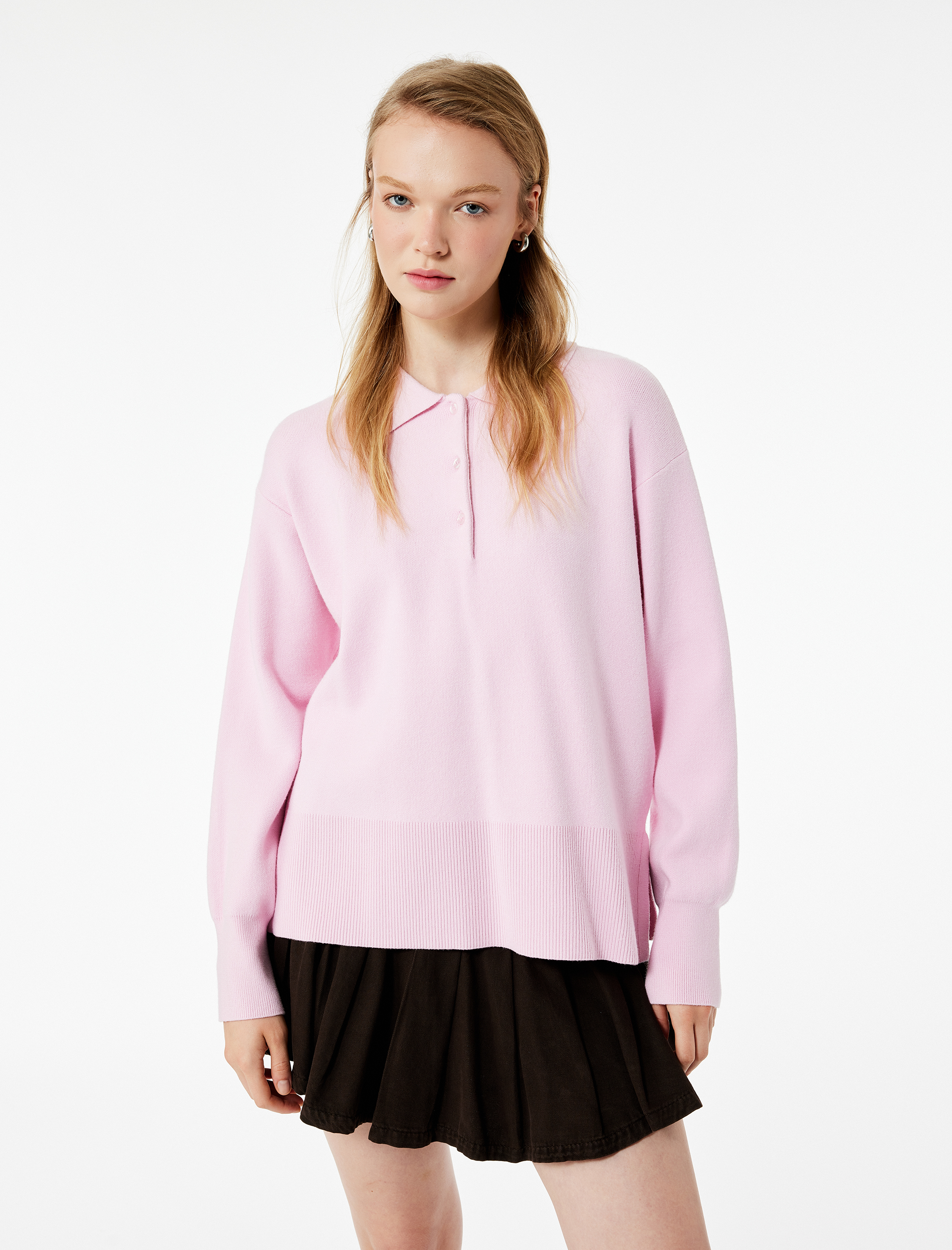   Uzun Kollu Düğme Detaylı Basic Polo Yaka Triko Kazak