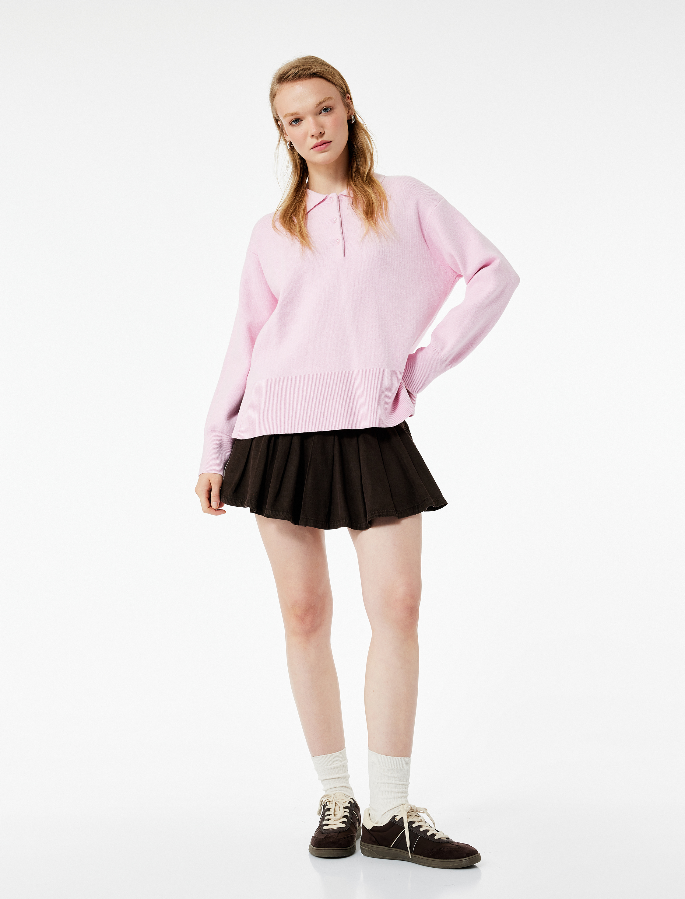   Uzun Kollu Düğme Detaylı Basic Polo Yaka Triko Kazak