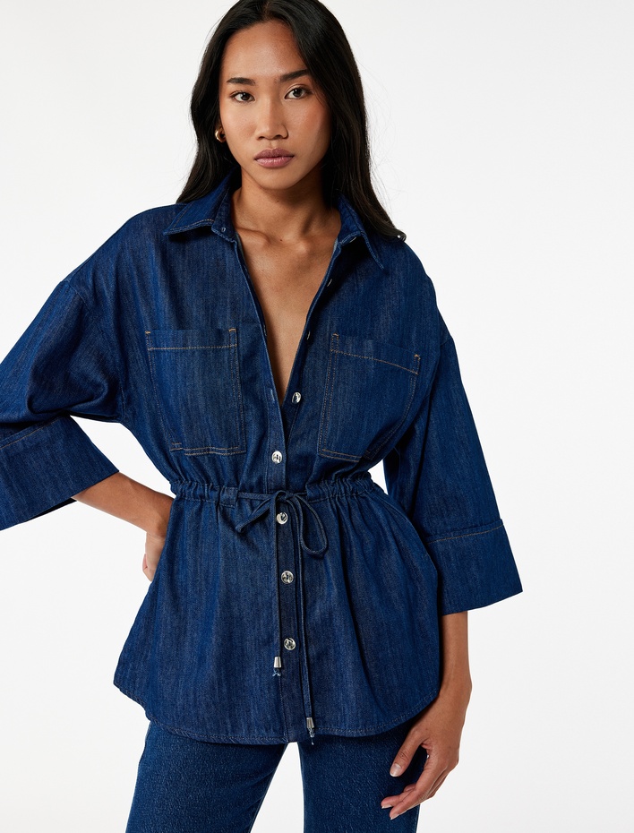  Cep Detaylı Düğmeli Klasik Yaka Denim Gömlek