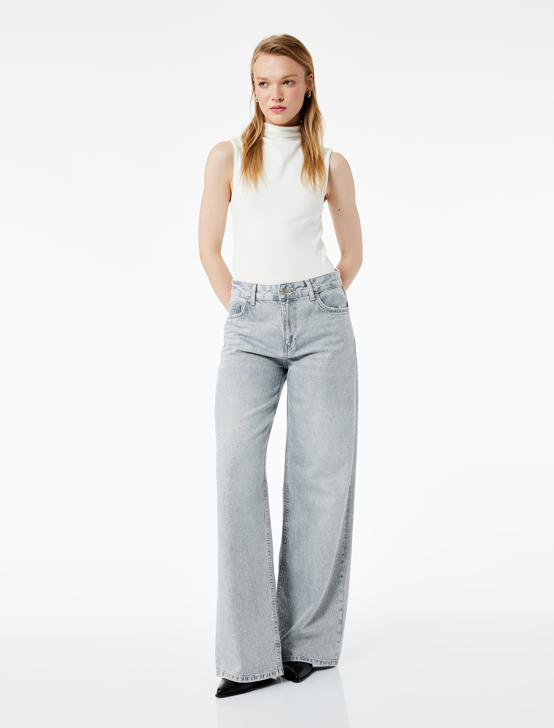   Taş Detaylı Geniş Paça Denim Pantolon - Bianca Wide Leg Jeans