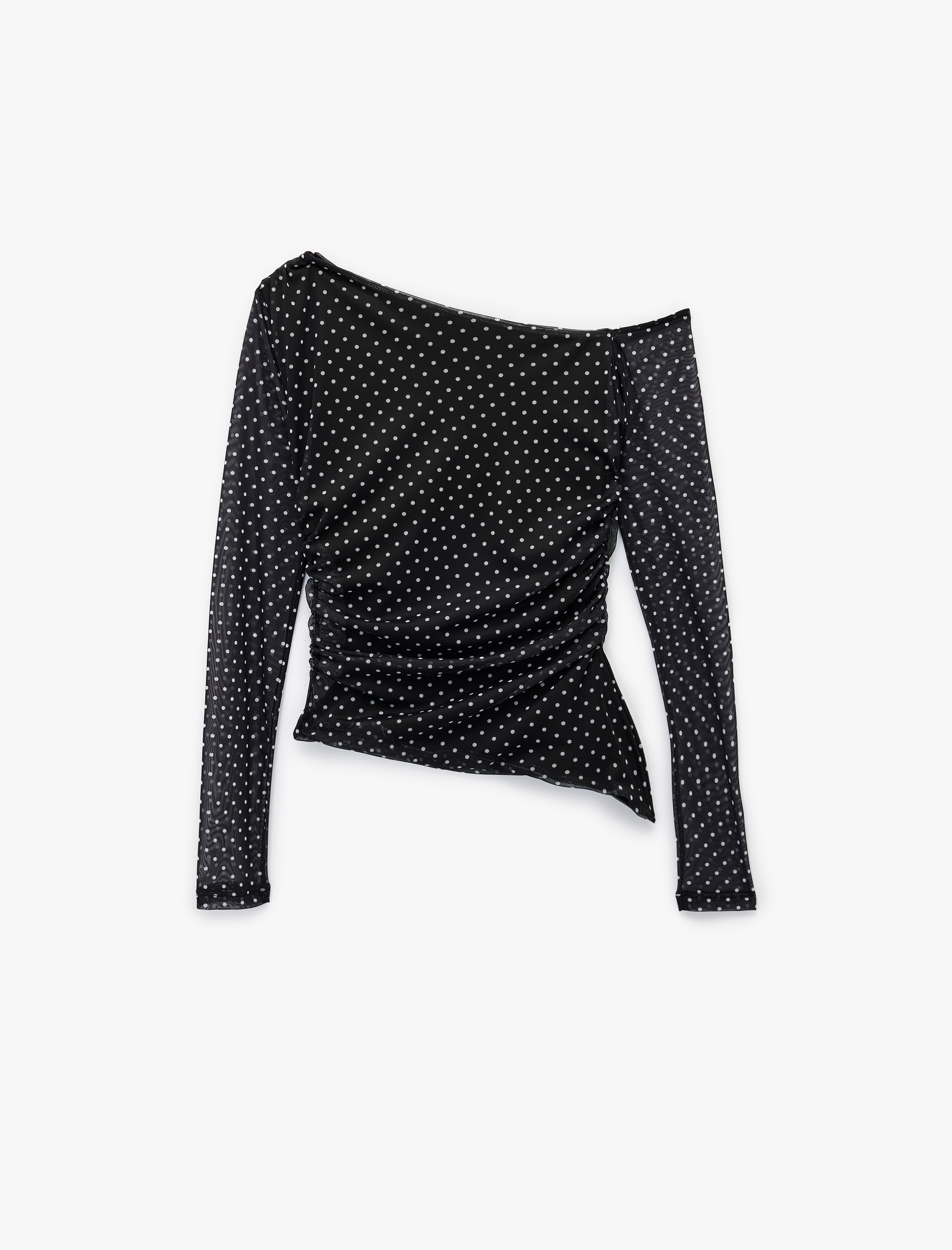   Asimetrik Yaka Uzun Kollu Puantiyeli Tişört