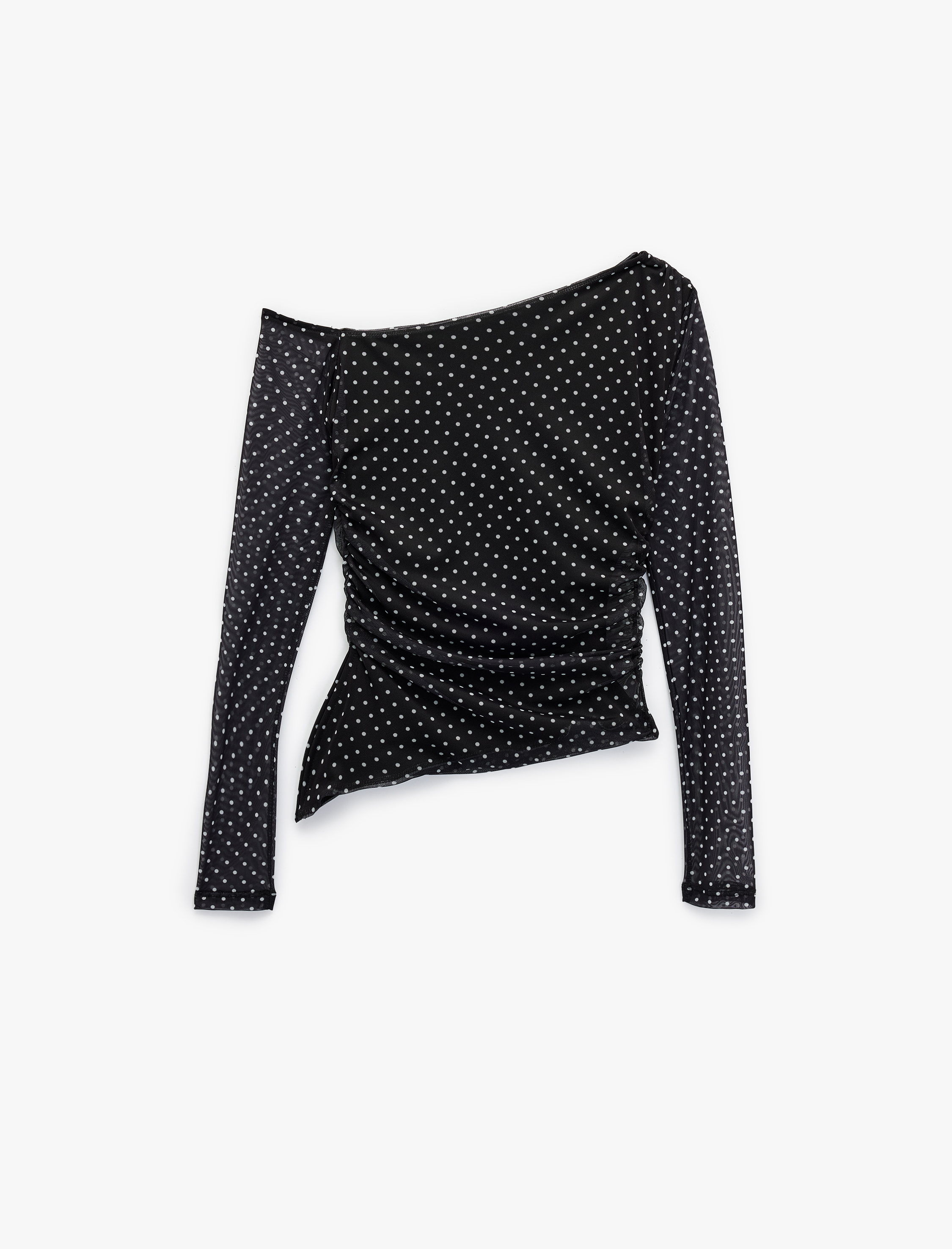   Asimetrik Yaka Uzun Kollu Puantiyeli Tişört