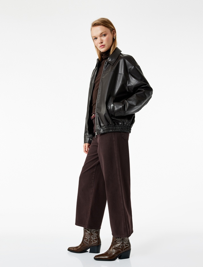  Pamuklu Geniş Paça Kemerli Crop Pantolon - Wide Leg Jeans