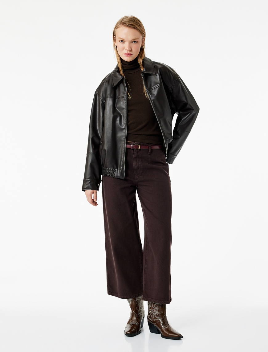 Koton Kadın Pamuklu Geniş Paça Kemerli Crop Pantolon - Wide Leg Jeans