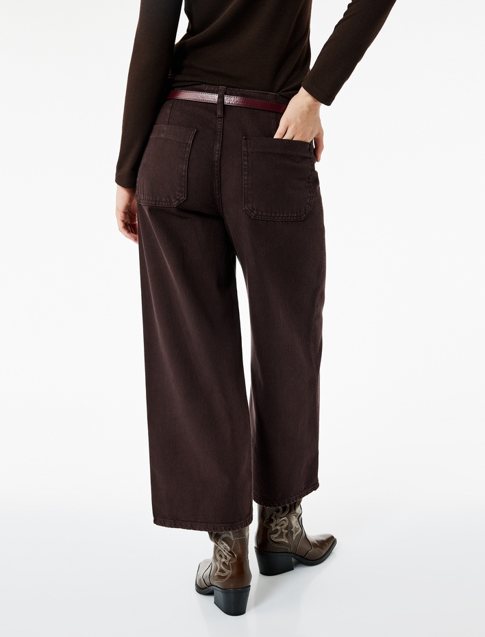  Pamuklu Geniş Paça Kemerli Crop Pantolon - Wide Leg Jeans