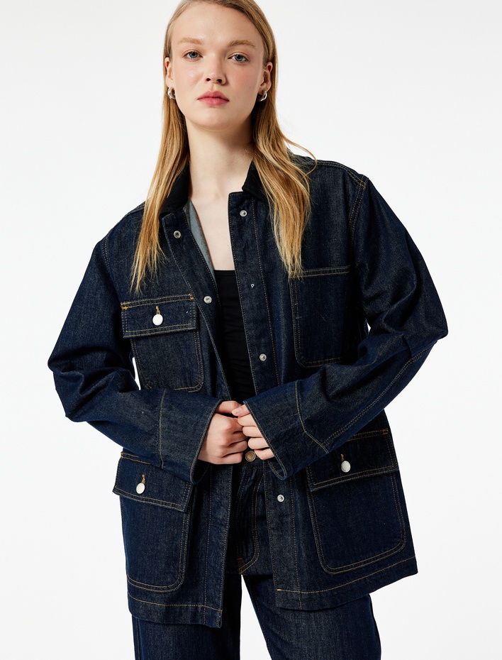  Uzun Kollu Cep Detaylı Gömlek Yaka Denim Ceket