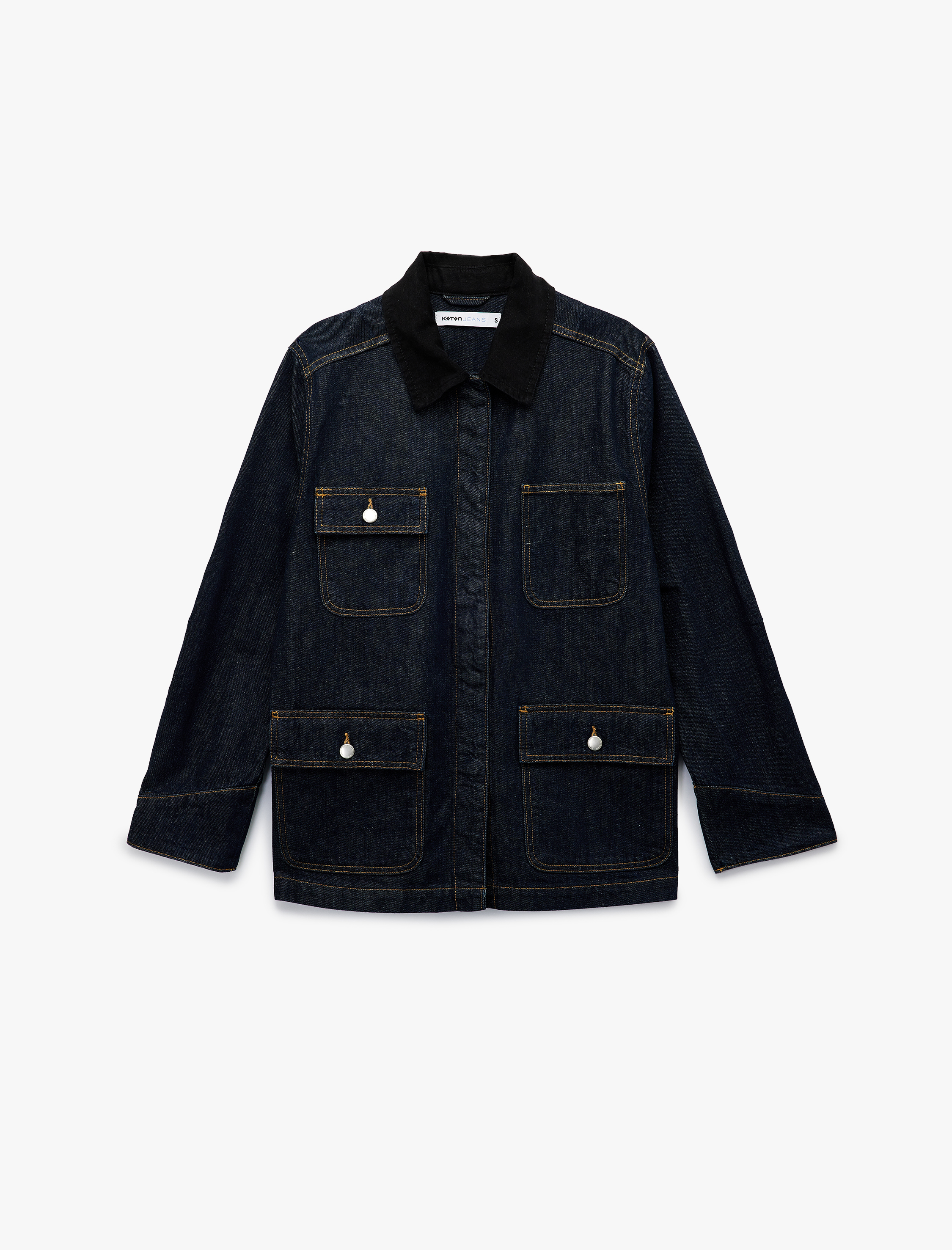   Uzun Kollu Cep Detaylı Gömlek Yaka Denim Ceket