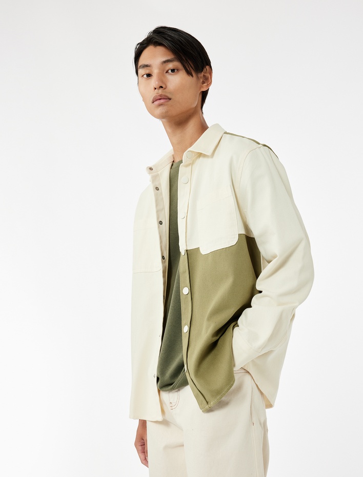  Regular Fit Renk Kontrastlı Pamuklu Gabardin Uzun Kollu Klasik Yaka Gömlek Ceket