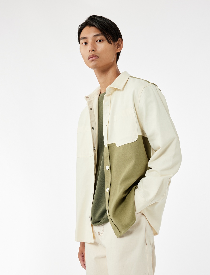   Regular Fit Renk Kontrastlı Pamuklu Gabardin Uzun Kollu Klasik Yaka Gömlek Ceket