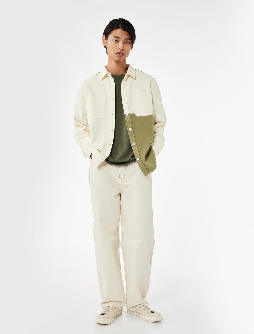   Regular Fit Renk Kontrastlı Pamuklu Gabardin Uzun Kollu Klasik Yaka Gömlek Ceket