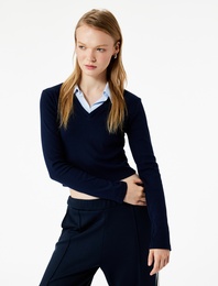 Uzun Kollu Gömlek Yaka Slim Fit Pamuklu Tişört