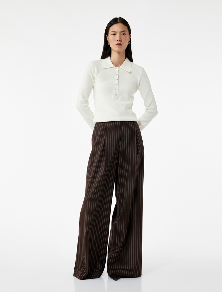  Yarım Düğmeli Uzun Kollu Polo Yaka Triko Kazak