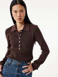 Yarım Düğmeli Uzun Kollu Polo Yaka Triko Kazak