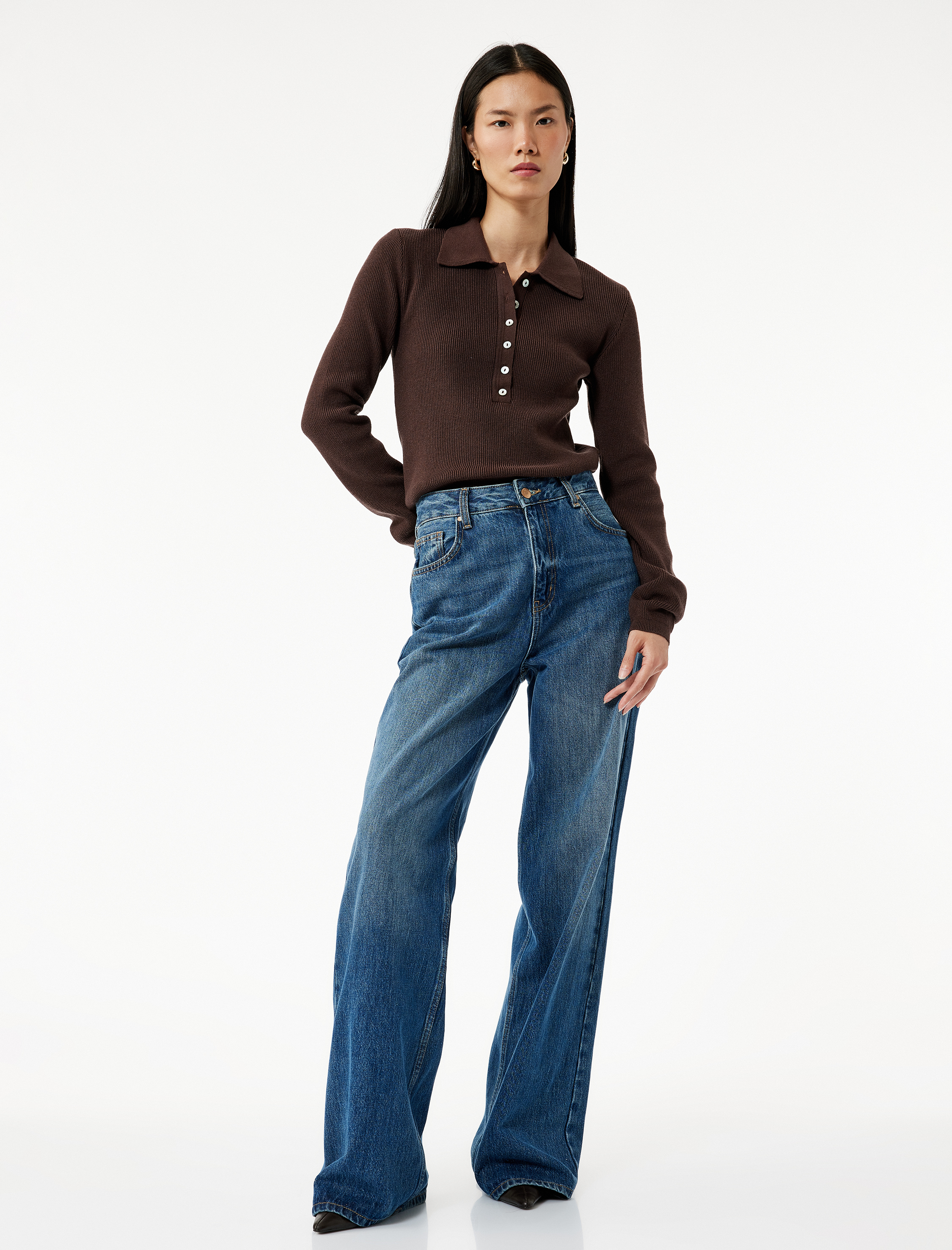   Yarım Düğmeli Uzun Kollu Polo Yaka Triko Kazak