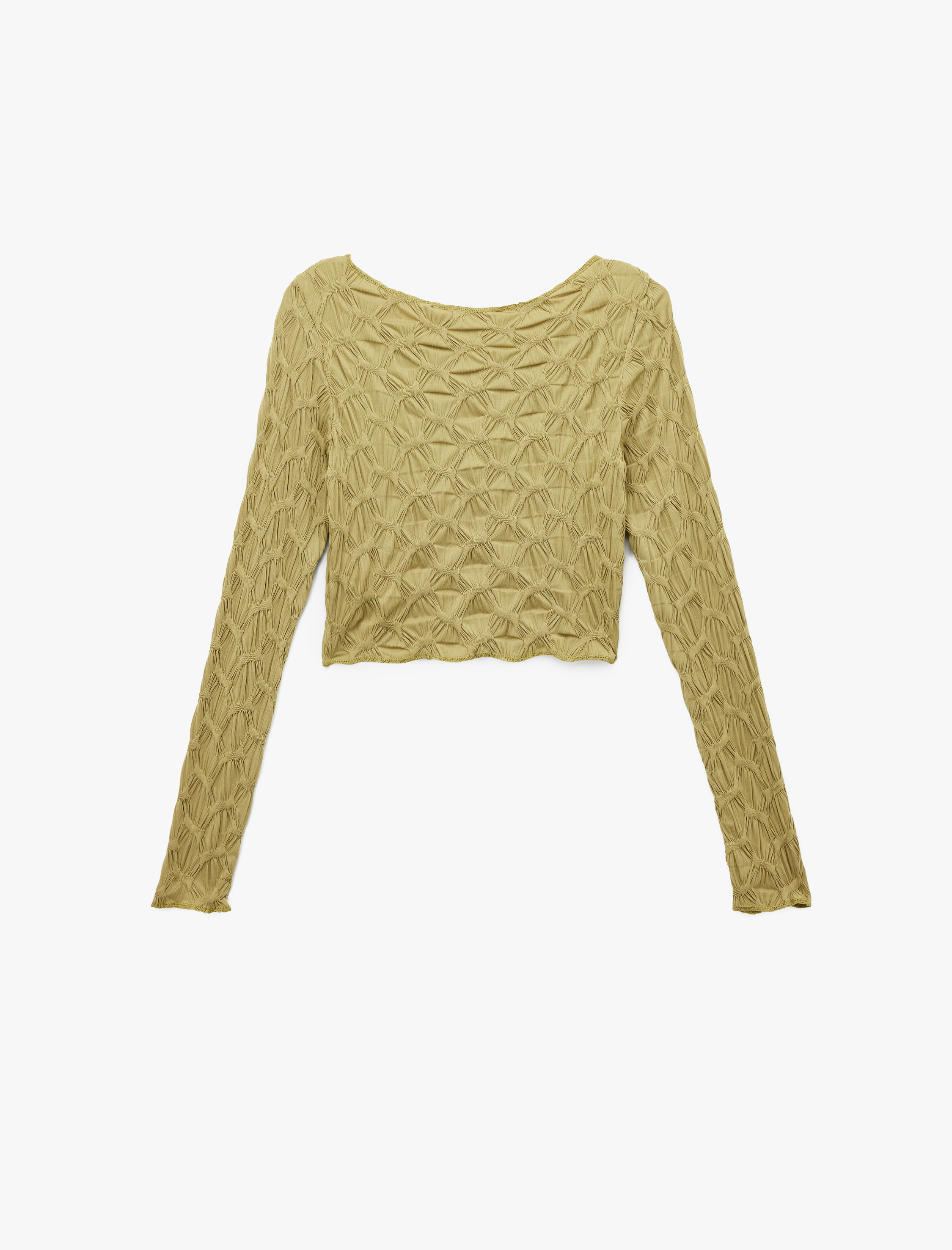   Uzun Kollu Dokulu Kayık Yaka Slim Fit Crop Tişört