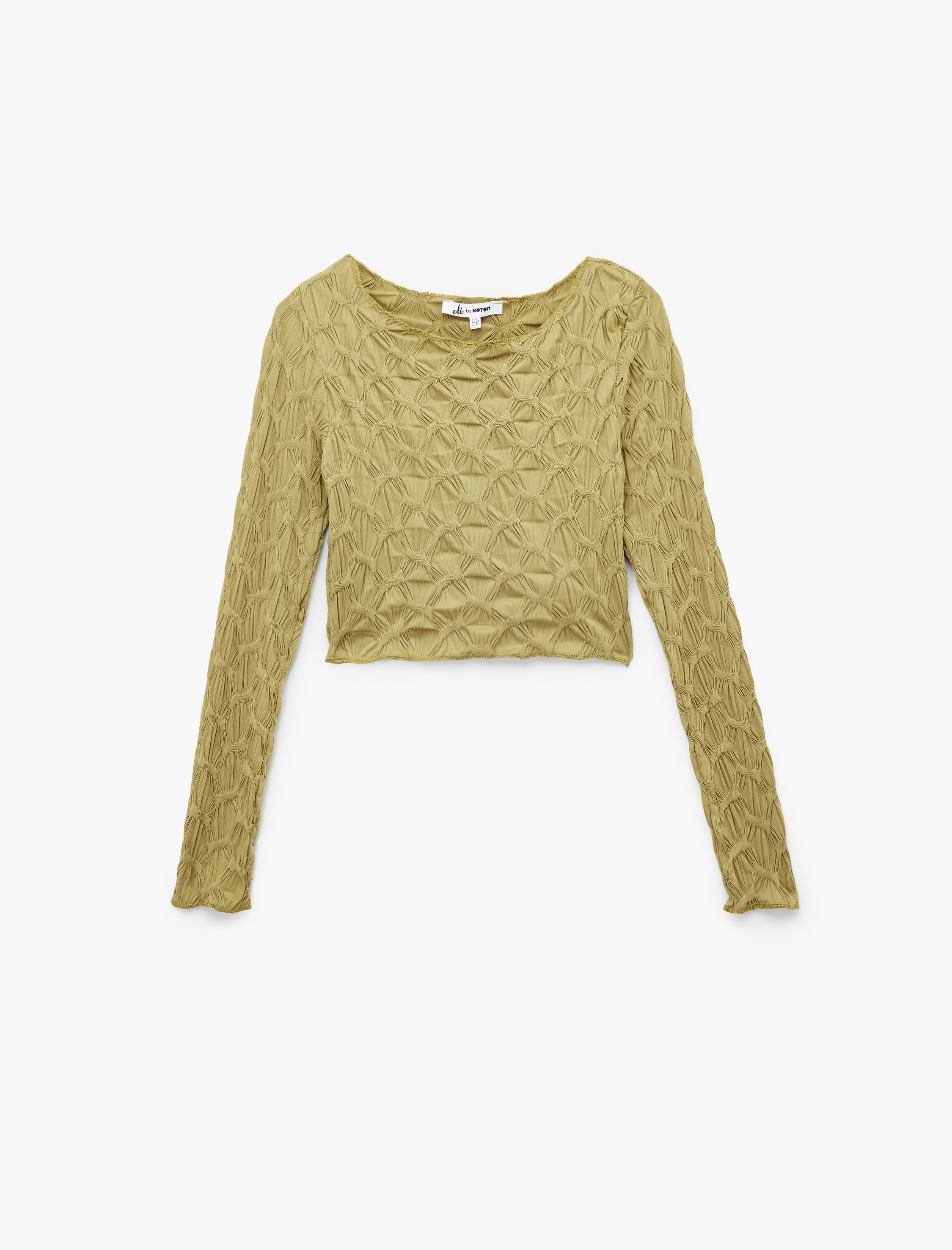   Uzun Kollu Dokulu Kayık Yaka Slim Fit Crop Tişört