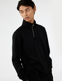 Uzun Kollu Şardonlu Basic Yarım Fermuarlı Sweatshirt