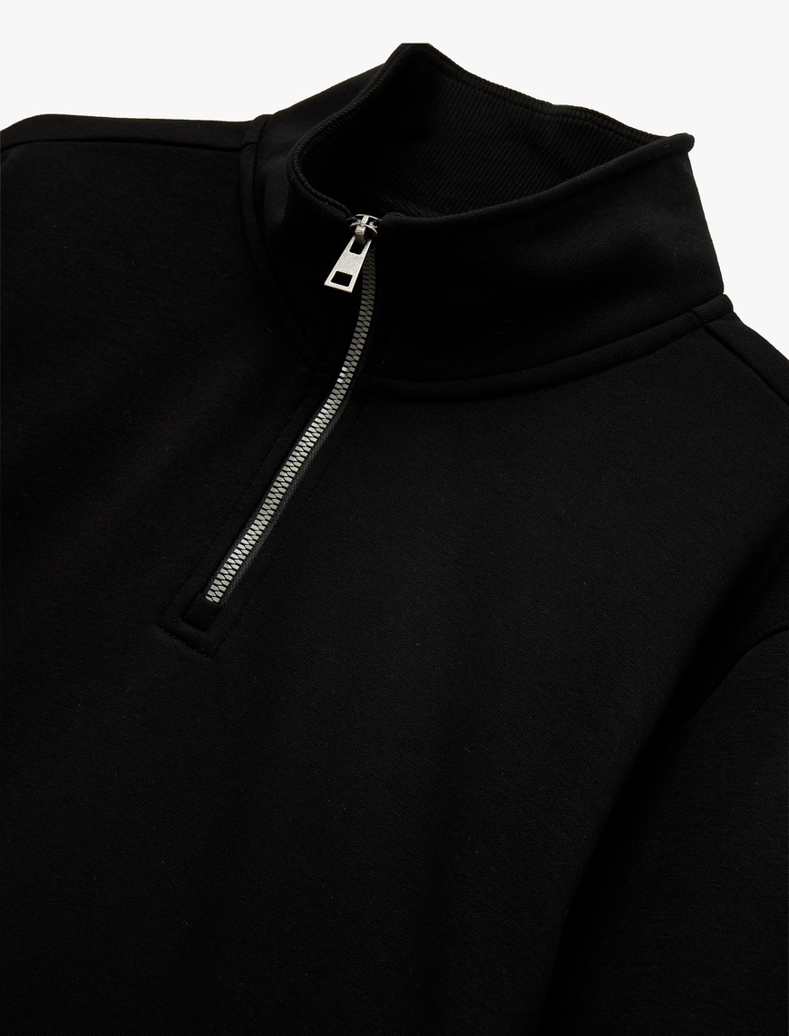   Uzun Kollu Şardonlu Basic Yarım Fermuarlı Sweatshirt