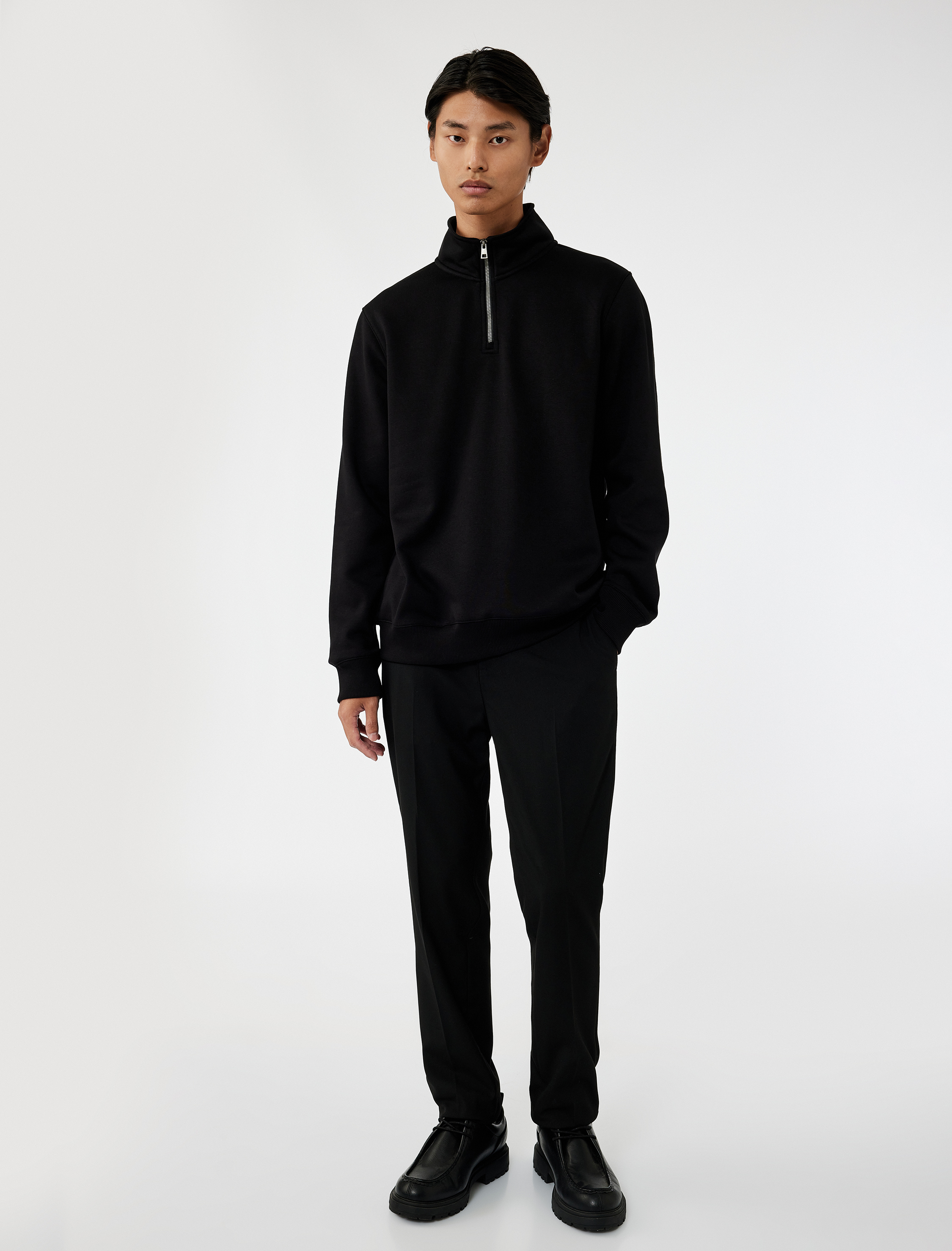   Uzun Kollu Şardonlu Basic Yarım Fermuarlı Sweatshirt