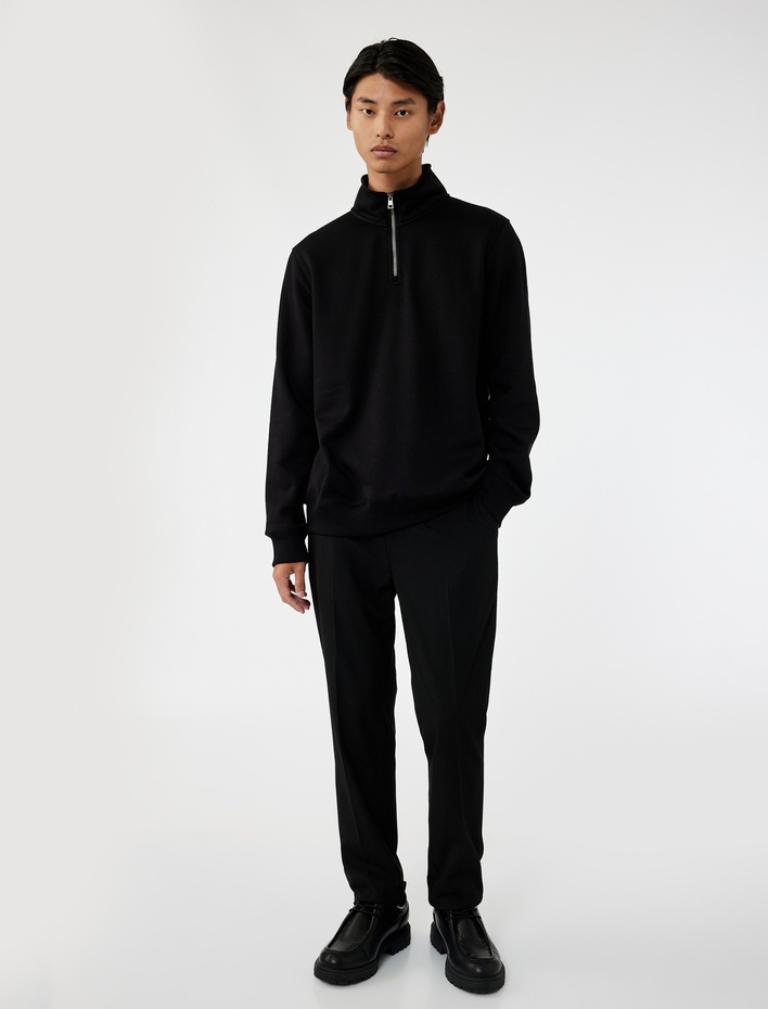  Uzun Kollu Şardonlu Basic Yarım Fermuarlı Sweatshirt