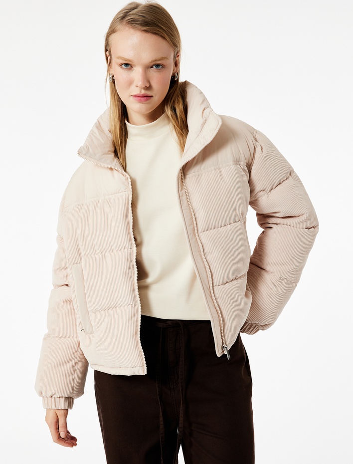  Cepli Dik Yaka Uzun Kollu Fermuarlı Fitilli Kadife Şişme Mont