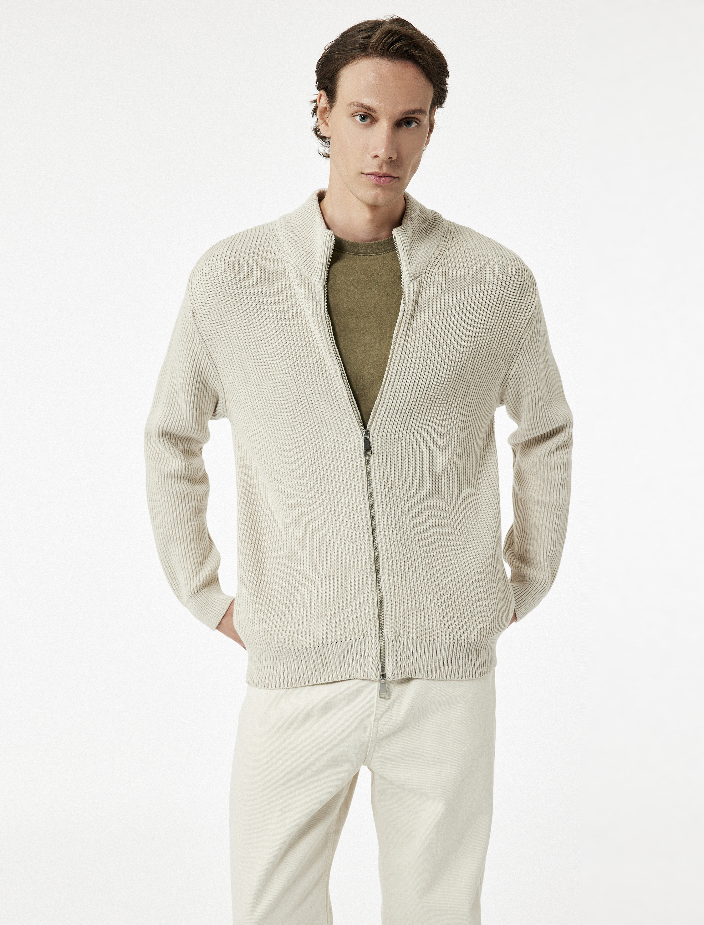   Uzun Kollu Pamuklu Tam Fermuarlı Triko Hırka