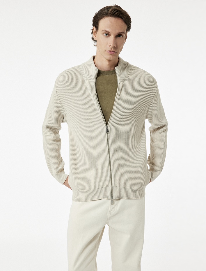  Uzun Kollu Pamuklu Tam Fermuarlı Triko Hırka