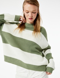 Uzun Kollu Bisiklet Yaka Renk Bloklu Triko Kazak