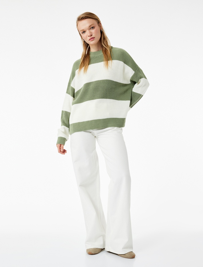  Uzun Kollu Bisiklet Yaka Renk Bloklu Triko Kazak