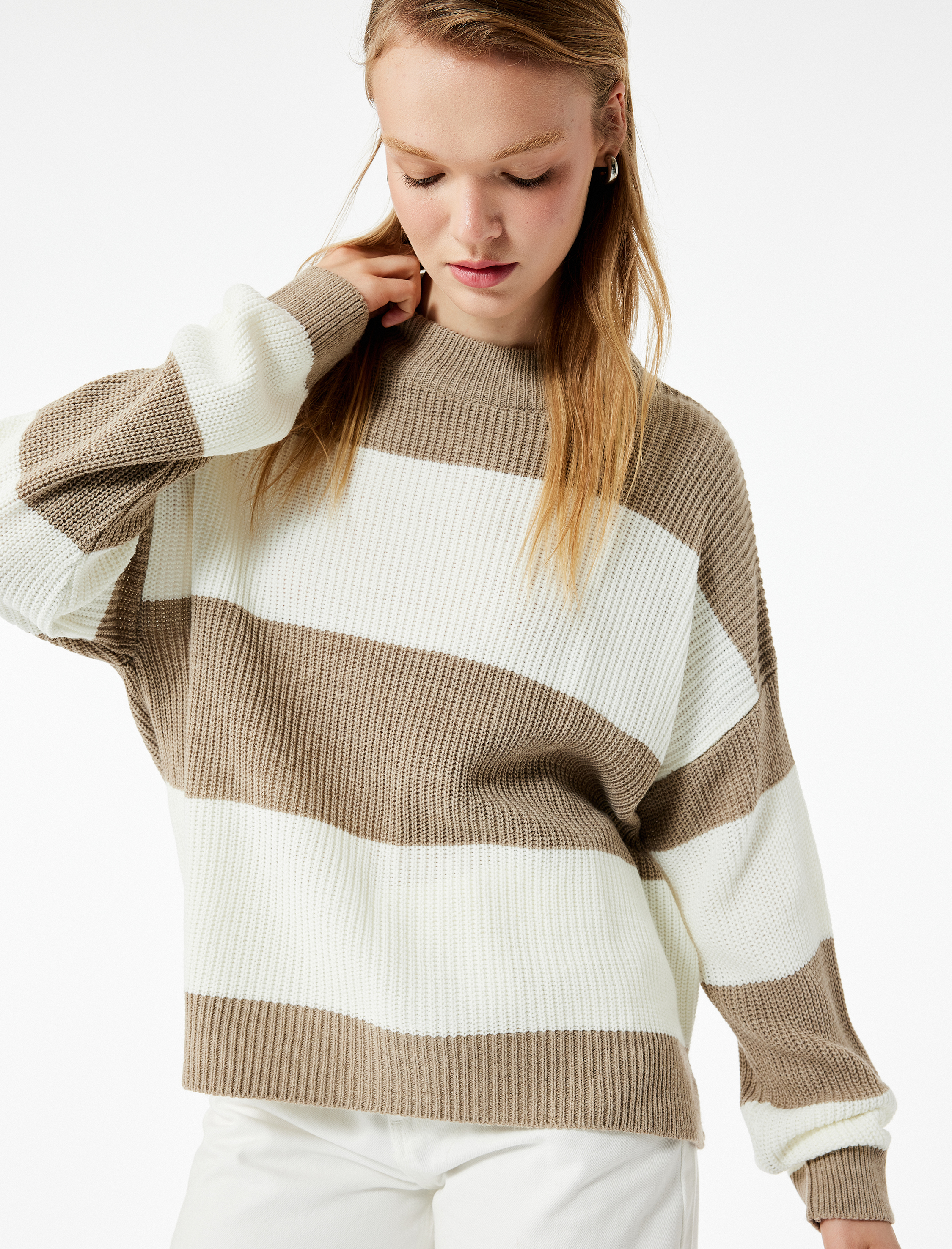   Uzun Kollu Bisiklet Yaka Renk Bloklu Triko Kazak