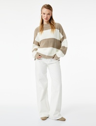 Uzun Kollu Bisiklet Yaka Renk Bloklu Triko Kazak