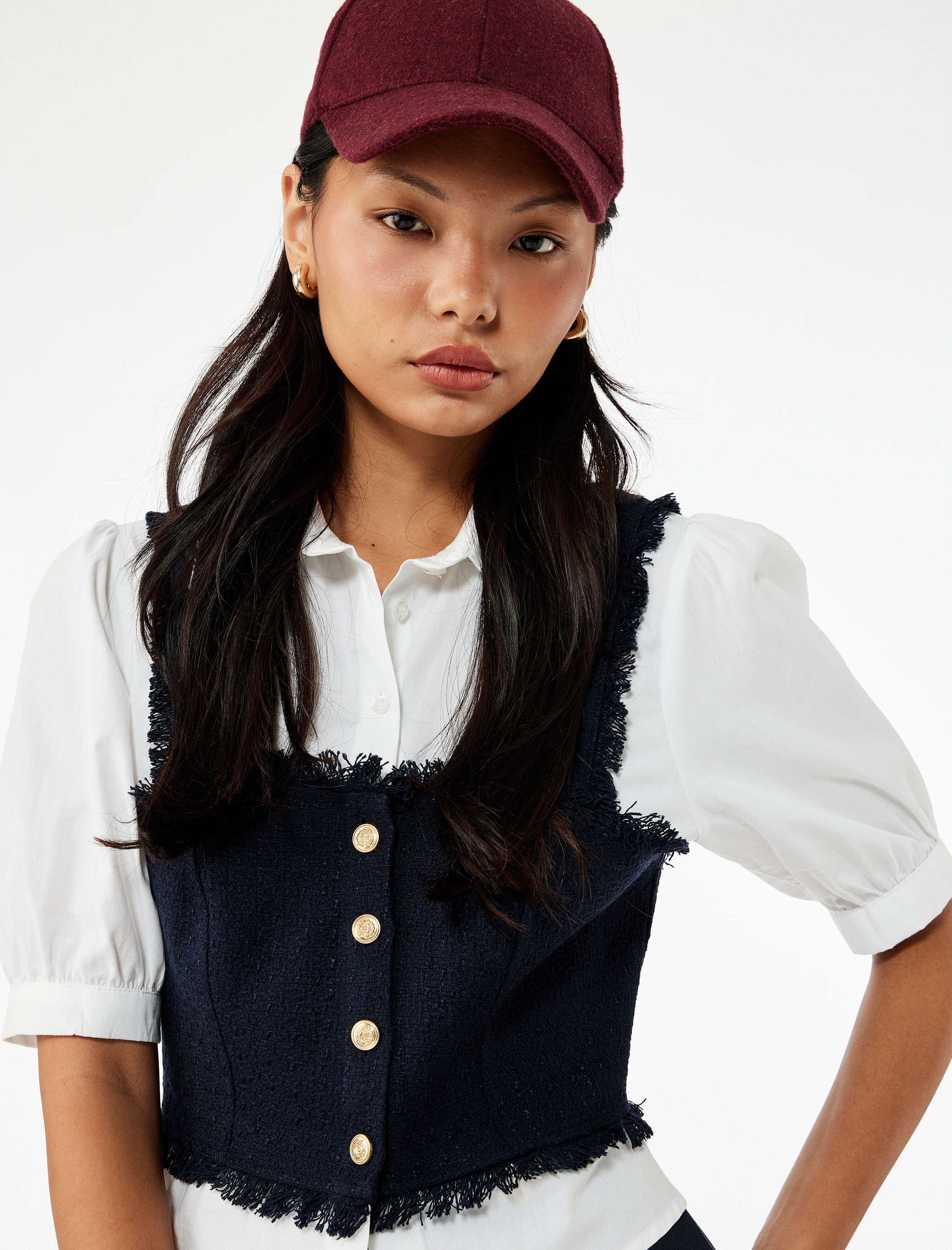   Slim Fit Kısa Balon Kollu Düğmeli Gömlek Yaka Tüvit Dokulu Crop Bluz