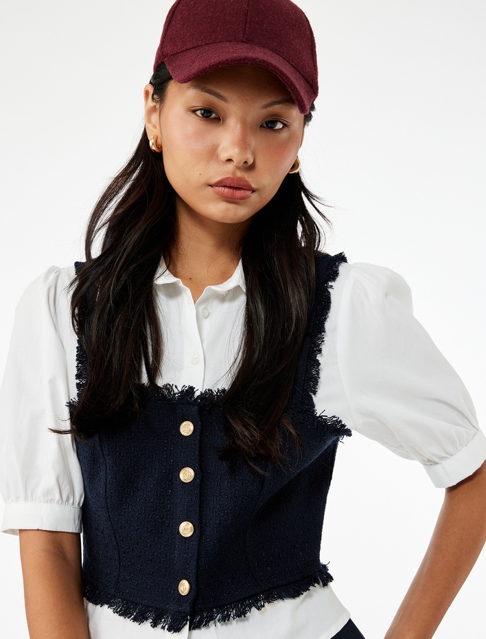  Slim Fit Kısa Balon Kollu Düğmeli Gömlek Yaka Tüvit Dokulu Crop Bluz