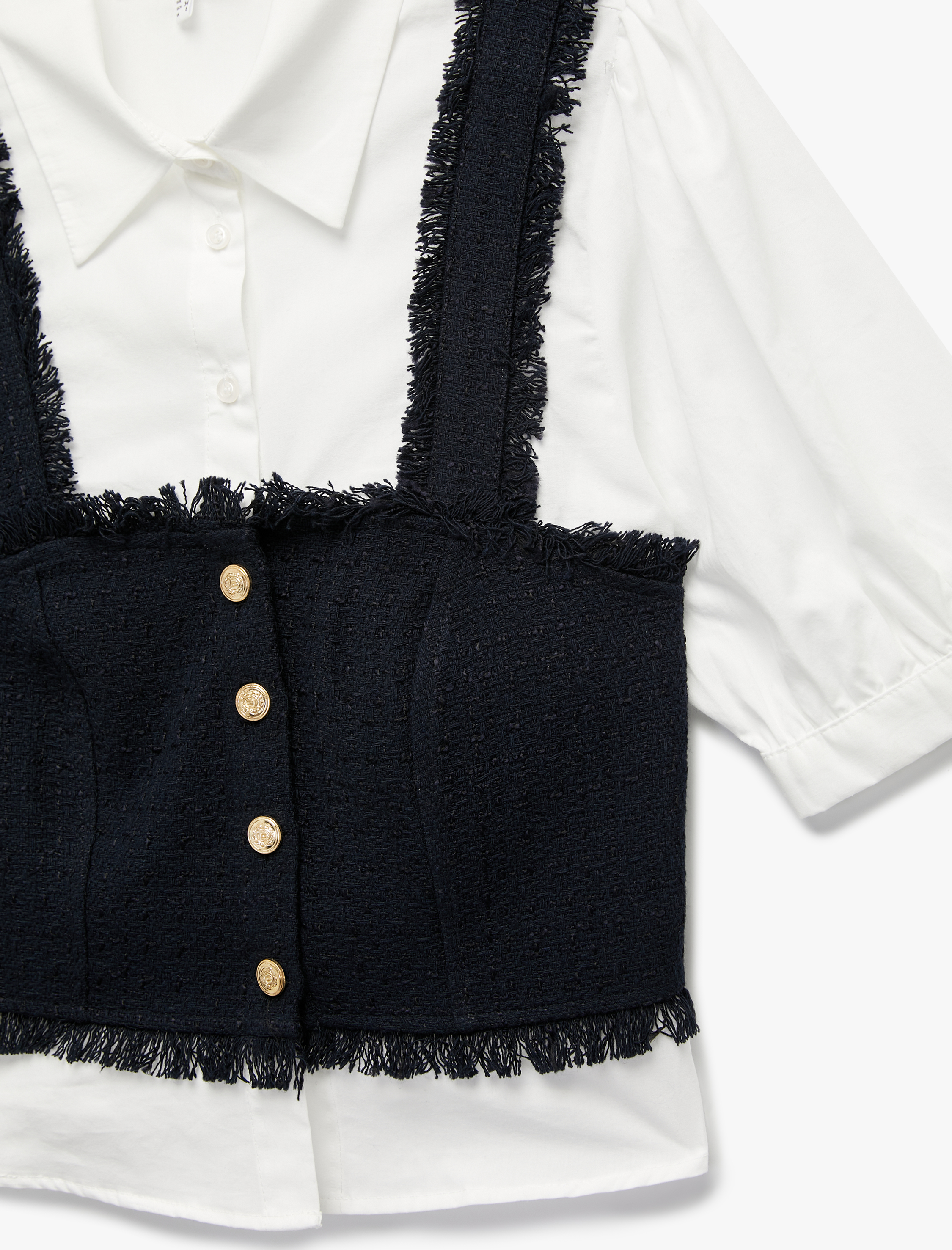   Slim Fit Kısa Balon Kollu Düğmeli Gömlek Yaka Tüvit Dokulu Crop Bluz